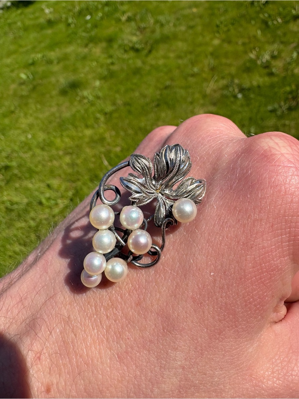 Vintage Sterling Silver Brooch Faux Pearls Leaf Flower Motif